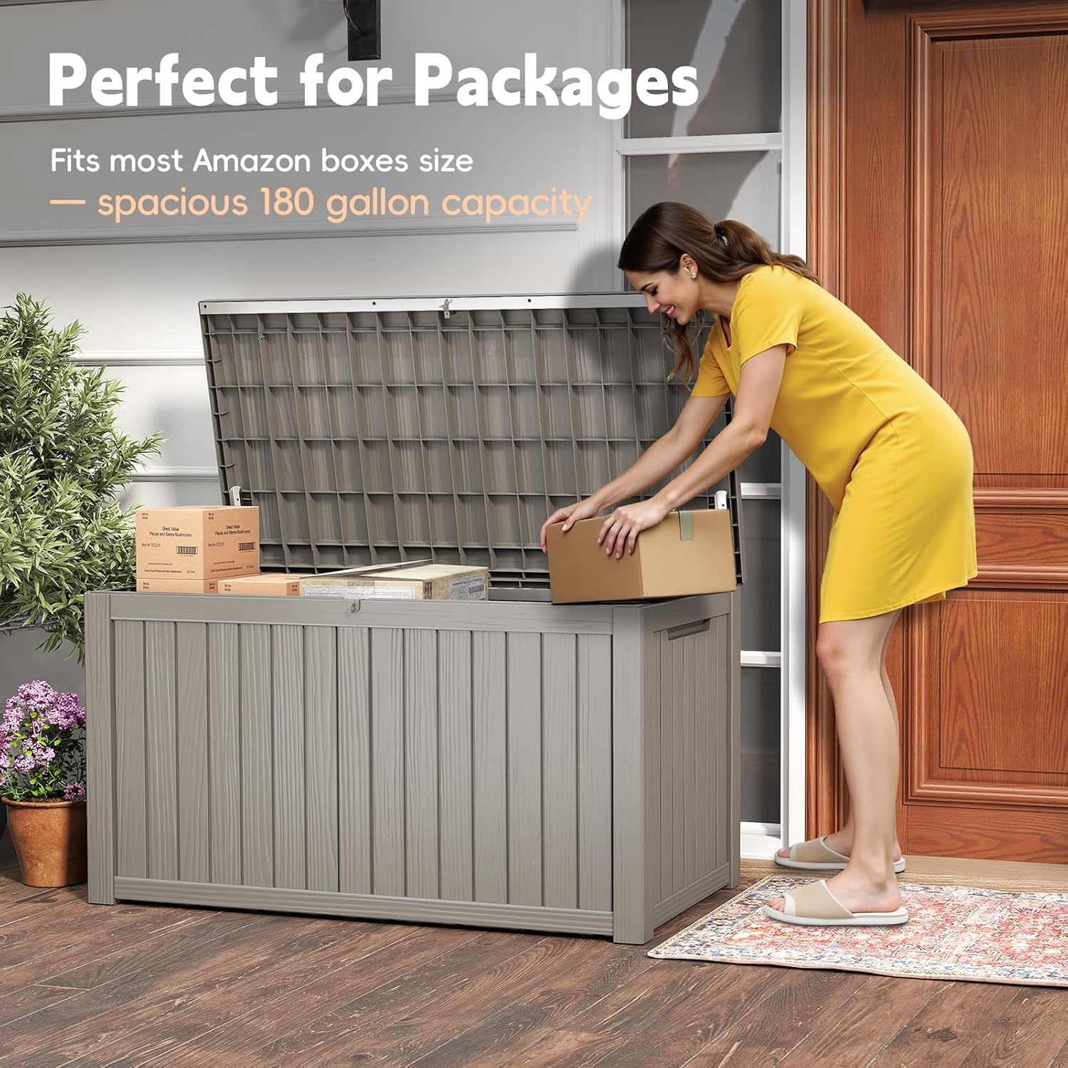 Outdoor Storage Box, 180 Gallon Waterproof Resin Deck Box, Storage Bin for Package Delivery, Patio Furniture Cushion, Garden Tools, Pool Accessories, Weatherproof and UV Resistant, Grey-VerdiqueGarden