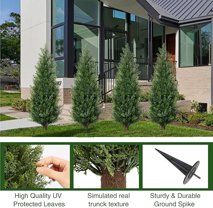 3FT Artificial Cedar Topiary Trees with Ground Spike, Set of 2 UV Resistant Fake Evergreen Bushes Shrubs Trees Artificial Plants Realistic Faux Cypress Plants for Indoor Outdoor Front Porch Garden-VerdiqueGarden