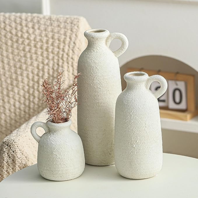 Ceramic Vase Set of 3 with Handle, Neutral Rustic Vases Home Decor Farmhouse Decorative Vase Whitewashed Pottery Decor Modern for Table Mantel Entryway Bookshelf Living Room Kitchen Bedroom - White-VerdiqueGarden