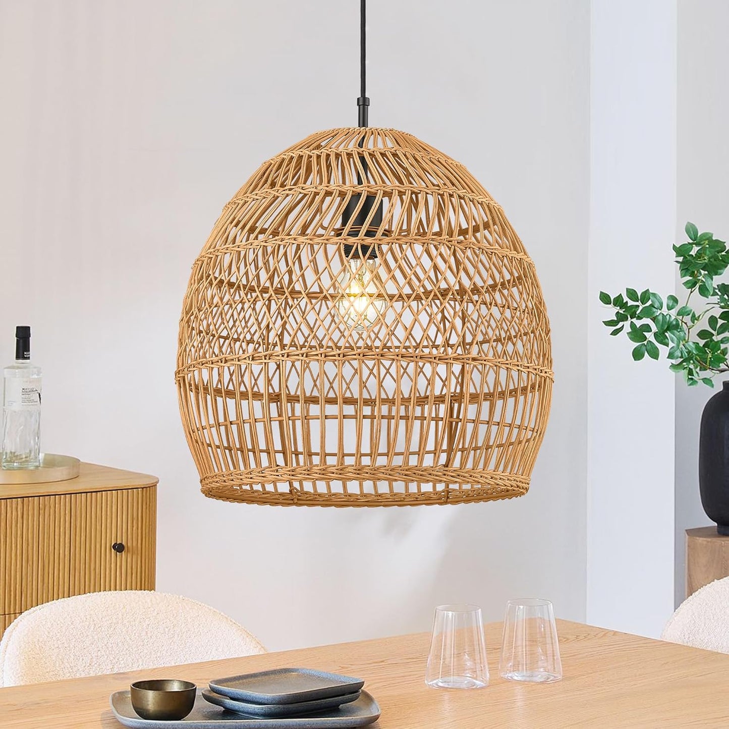 ELYONA 16” Large Boho Rattan Chandelier, Modern Rustic Wicker Pendant Light Fixtures, Basket Hand Woven Hanging Lamp for Coastal Kitchen Island Dining Room Living Room Bedroom Foyer (40cm*40cm)-VerdiqueGarden