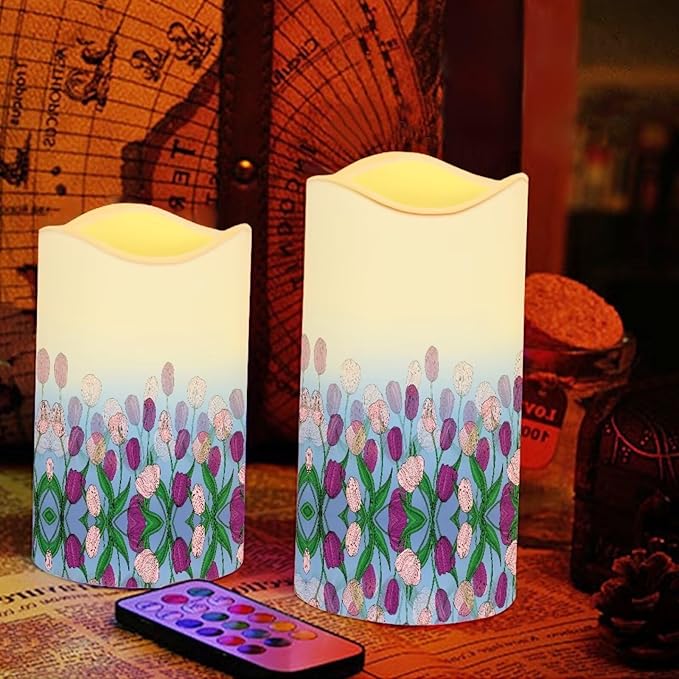 Ystardream Purple Tulips Flameless Candles with Timer Led Candles Flickering 4 Candle Sets for Home Decor,18 Key Remote Control，Dancing Flame, True Wax, Battery Power-VerdiqueGarden