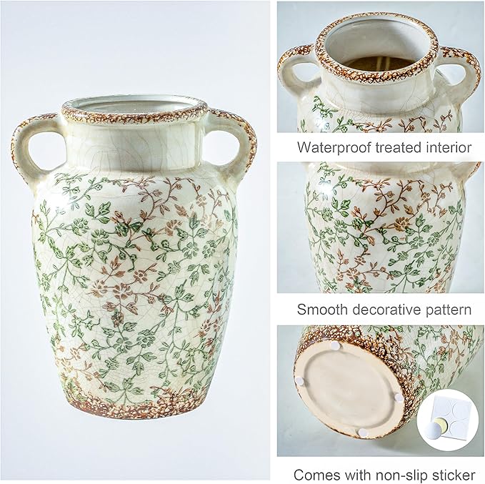 Enra Farmhouse Vintage vase with Handle,9.4 in Ceramic Chinoiserie Floral Vase,Green and Beige Decorative Flower vase,Large Rustic Vases for Home Decors, Living Room, Bookshelf, Office-VerdiqueGarden