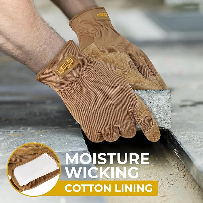 HANDLANDY Leather Work Gloves for Men & Women, Reinforced Durable Garden Gloves, Cowhide Working Glove for Gardening-VerdiqueGarden