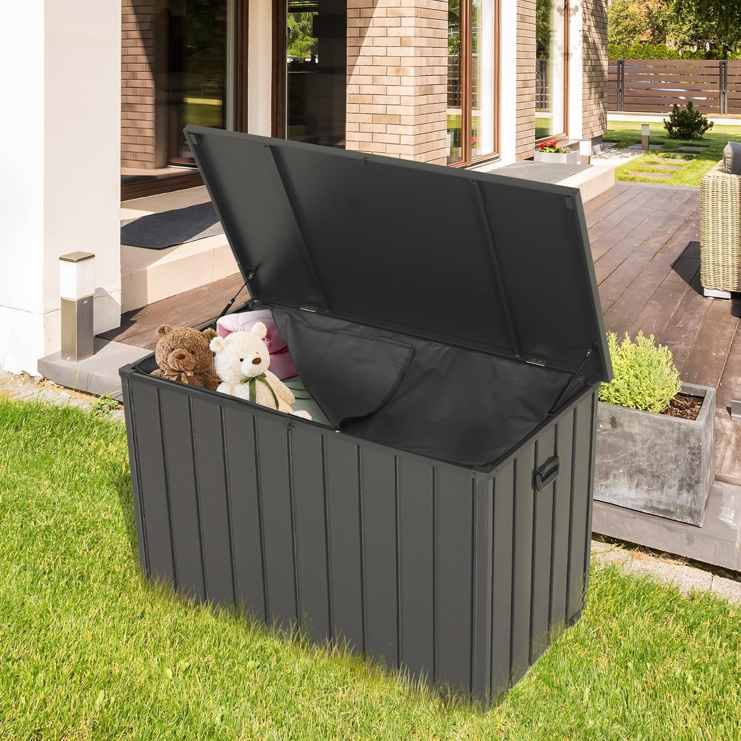 Outdoor Storage Box, 100 Gallon Metal Deck Box Built-in a Oxford Fabric Storage Bag, Lockable & Waterproof Outside Patio Storage Box for Cushions, Tools, Pool Floats- Grey-VerdiqueGarden