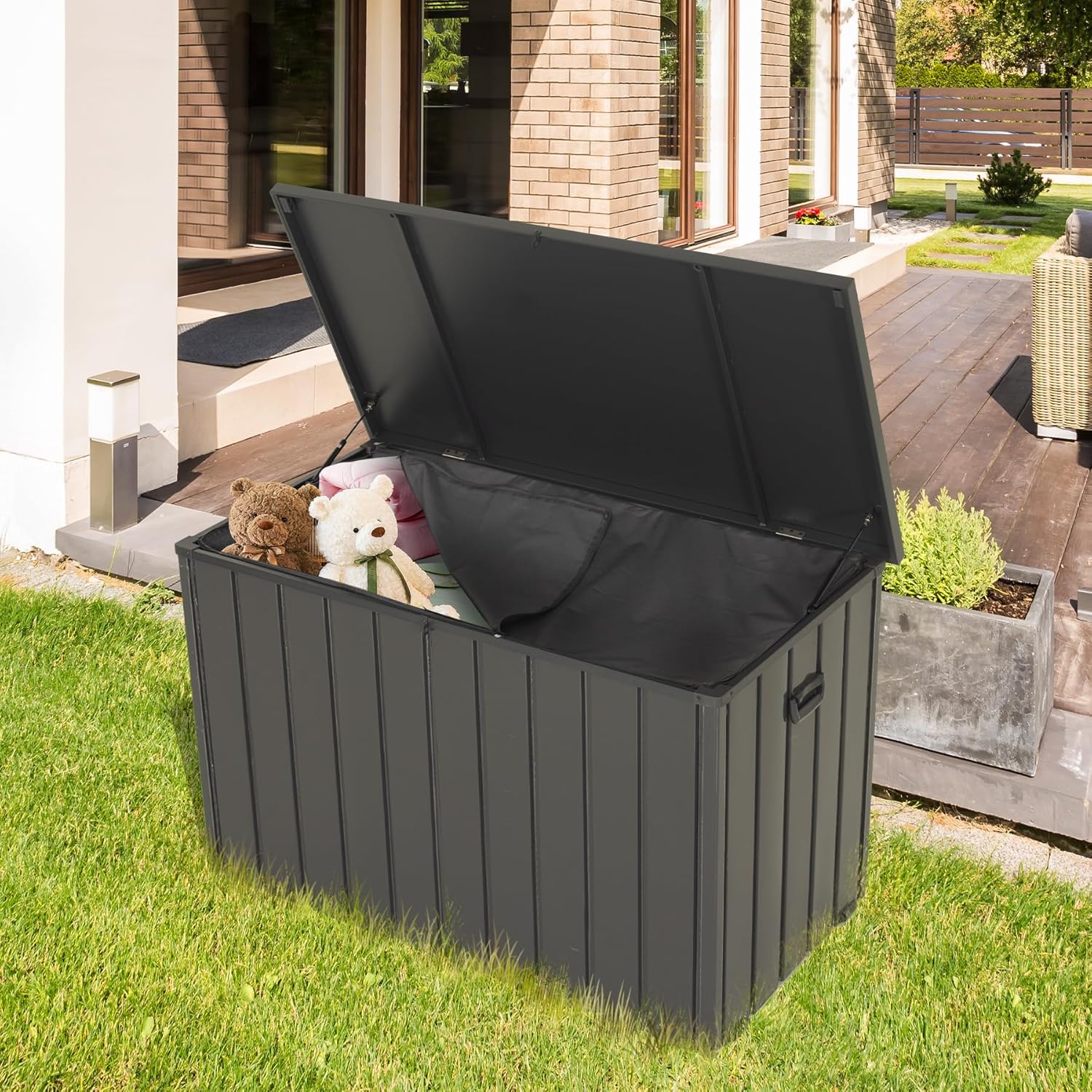 Outdoor Storage Box, 100 Gallon Metal Deck Box Built-in a Oxford Fabric Storage Bag, Lockable & Waterproof Outside Patio Storage Box for Cushions, Tools, Pool Floats- Grey-VerdiqueGarden