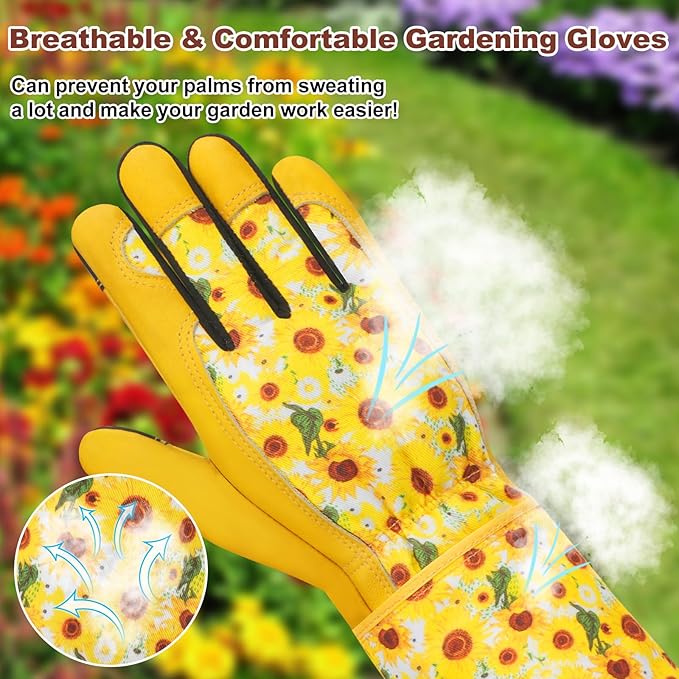 DLY Gardening Gloves for Women, Rose Gloves Gardening Thorn Proof, Long Garden Gloves for Women, Breathable Cowhide Leather Gauntlet (Medium, Yellow-VerdiqueGarden