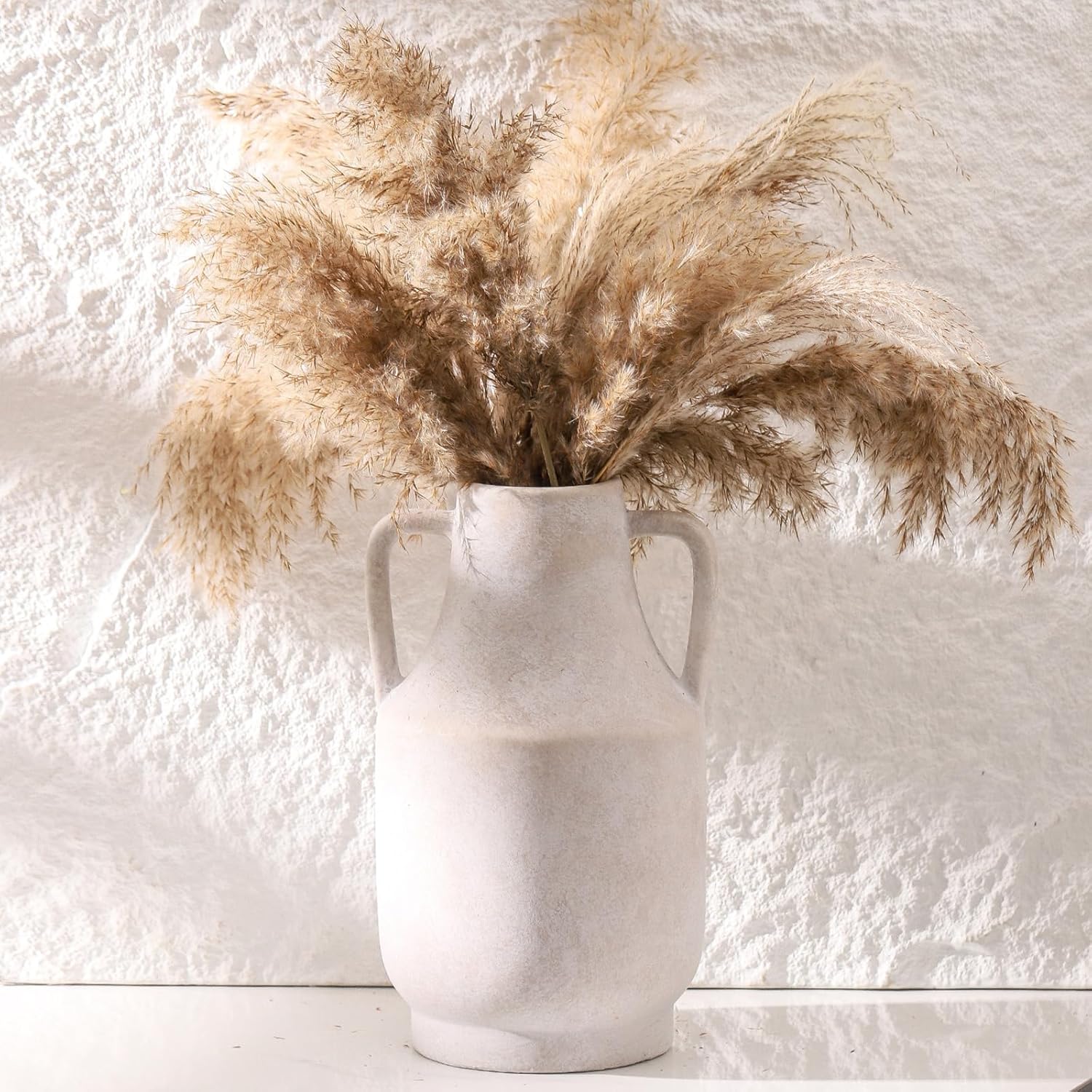 Mitt&Ditt Ceramic Flower Vase with Handles, 11 inch Tall Off-White Vase, Large Decorative Terracotta Vases, Farmhouse Rustic Pottery Vases for Home Decor, Living Room, Table-VerdiqueGarden