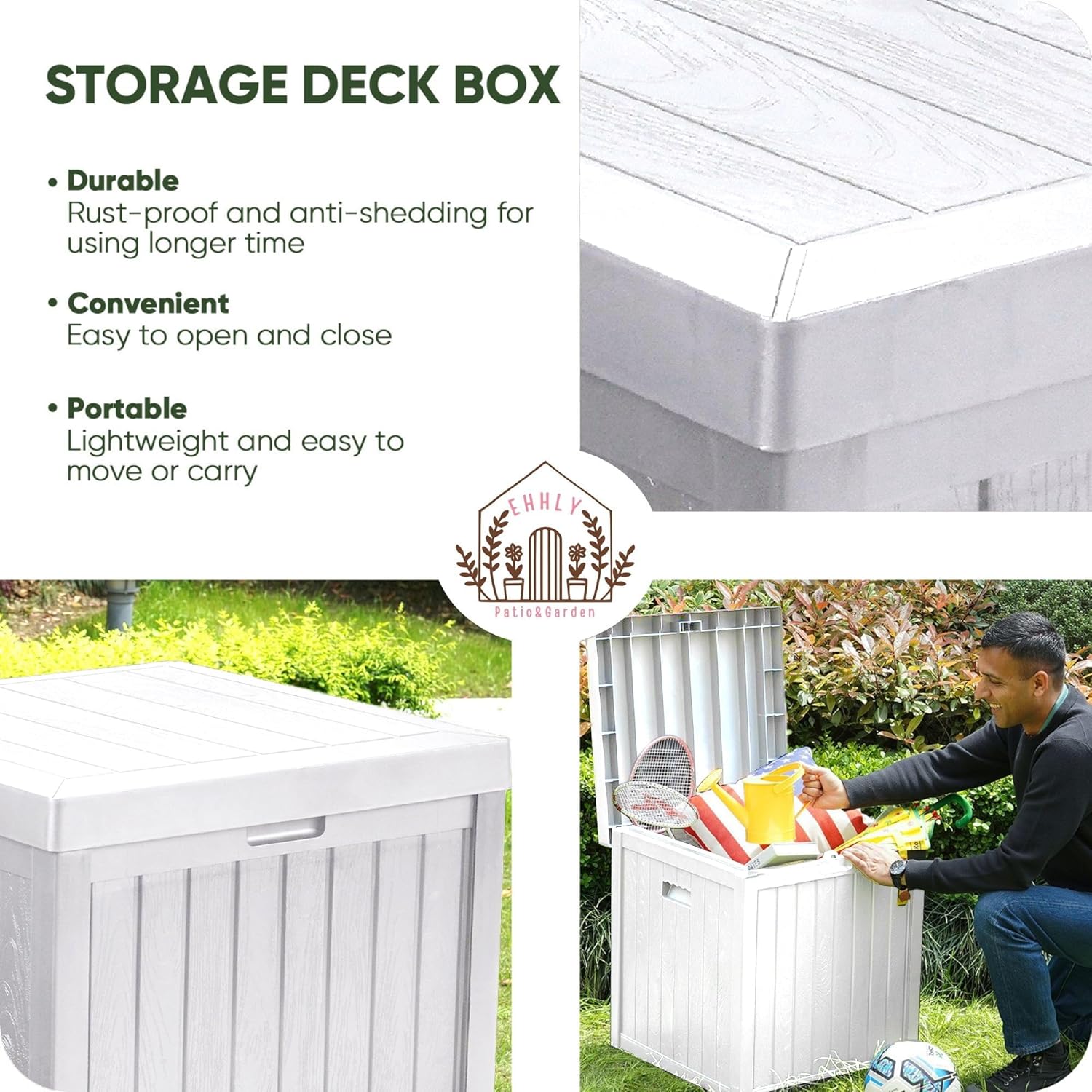 Deck Box, 51 Gallon Front Porch Package Bin Delivery Box for Outside, Small Patio Outdoor Storage Boxes Waterproof, UV Resistant Plastic Resin Pool Storage Bins with lids, White-VerdiqueGarden