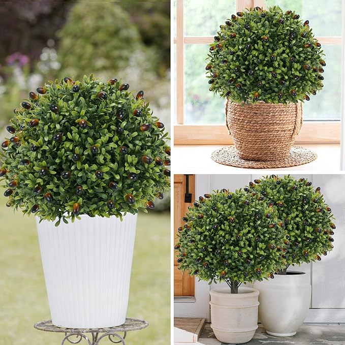 Artificial olive Topiary Ball Tree 24" with Ground Spike, Set of 2 Artificial Boxwood Bushes for Faux Shrubs, Fake Evergreen Faux Plant for Indoor Outdoor Porch Garden -UV Resistant–Fade-Proof-VerdiqueGarden