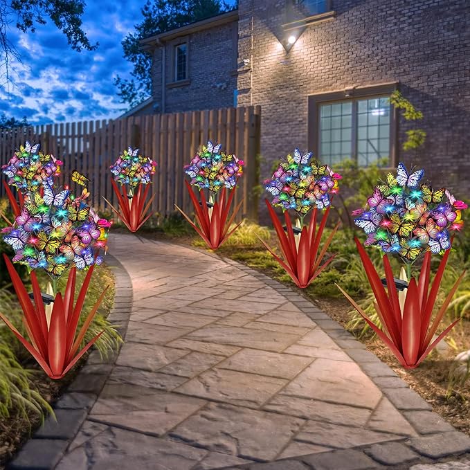 Homight Solar Metal Agave Butterfly Flower Stick Garden Sculpture - Outdoor Gift, Christmas Lights - Swaying Butterfly Garden Lights - Solar Outdoor (3 PCS RED)-VerdiqueGarden