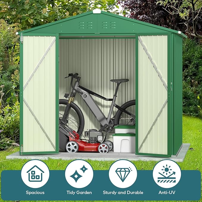 Gizoon Outdoor Storage Shed 8 x 6 FT, Galvanized Metal Garden Shed with Double Lockable Doors, Outdoor Storage Clearance for Backyard Patio Lawn-Green-VerdiqueGarden