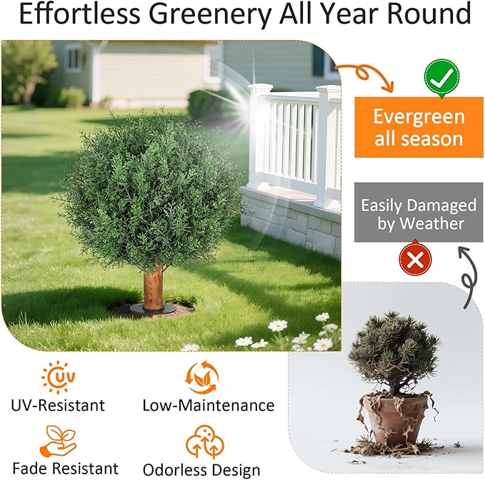 Artificial Cedar Shrubs Ball Trees with Ground Spike, 24.6 inche Tall UV-Resistant Fake Outdoor Plants Evergreen Trees, Realistic Faux Pine Bushes for Front Porch Home Patio Garden, 1 Pcs-VerdiqueGarden
