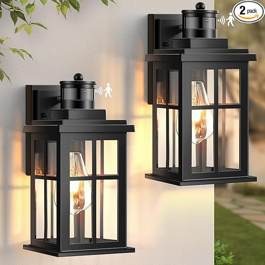 Motion Sensor Outdoor Lights, 2 Pack Outside Light Fixture Dusk to Dawn, Black Outdoor Motion Sensor Light, Anti-Rust Exterior Light Fixture for House, Garage, Doorway, Porch, 100% Aluminum-VerdiqueGarden