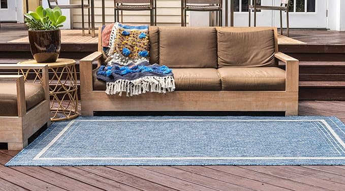 Unique Loom Outdoor Border Collection Area Rug - Soft Border (6' 1" x 9' Rectangle, Blue/ Ivory)-VerdiqueGarden