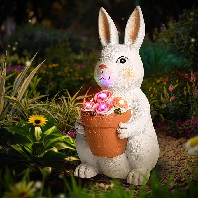 Brightever Solar Powered Outdoor Garden Statues- Rabbit with Flowers and 5 Colorful LED Lights, 11.8IN Outdoor Figurine Lights, Solar Garden Bunny Statue for Easter Decor, Gifts for Mom, Housewarming-VerdiqueGarden