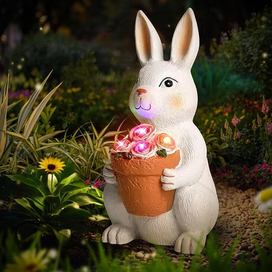Brightever Solar Powered Outdoor Garden Statues- Rabbit with Flowers and 5 Colorful LED Lights, 11.8IN Outdoor Figurine Lights, Solar Garden Bunny Statue for Easter Decor, Gifts for Mom, Housewarming-VerdiqueGarden