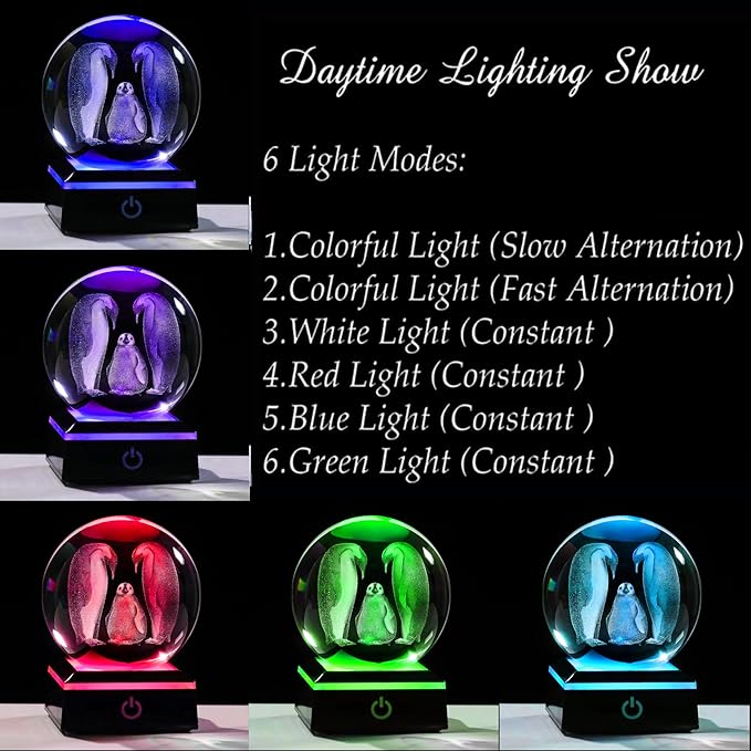 Penguin Gifts for Women 3D Crystal Ball 3.14'' - Laser Penguin Decor Glass Animals Penguin Gifts Figurines Statue Stuff for Room Decorations Penguin Night Light-VerdiqueGarden