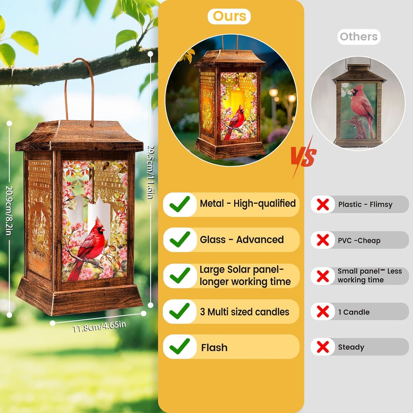 Cardinal Solar Lanterns Outdoor Waterproof, Metal & Glass Hanging Lights Garden Decor, Birthday Gifts for Women Mom Grandma Mothers Day, Decorative Lights for Outside Yard Patio Backyard Porch-VerdiqueGarden