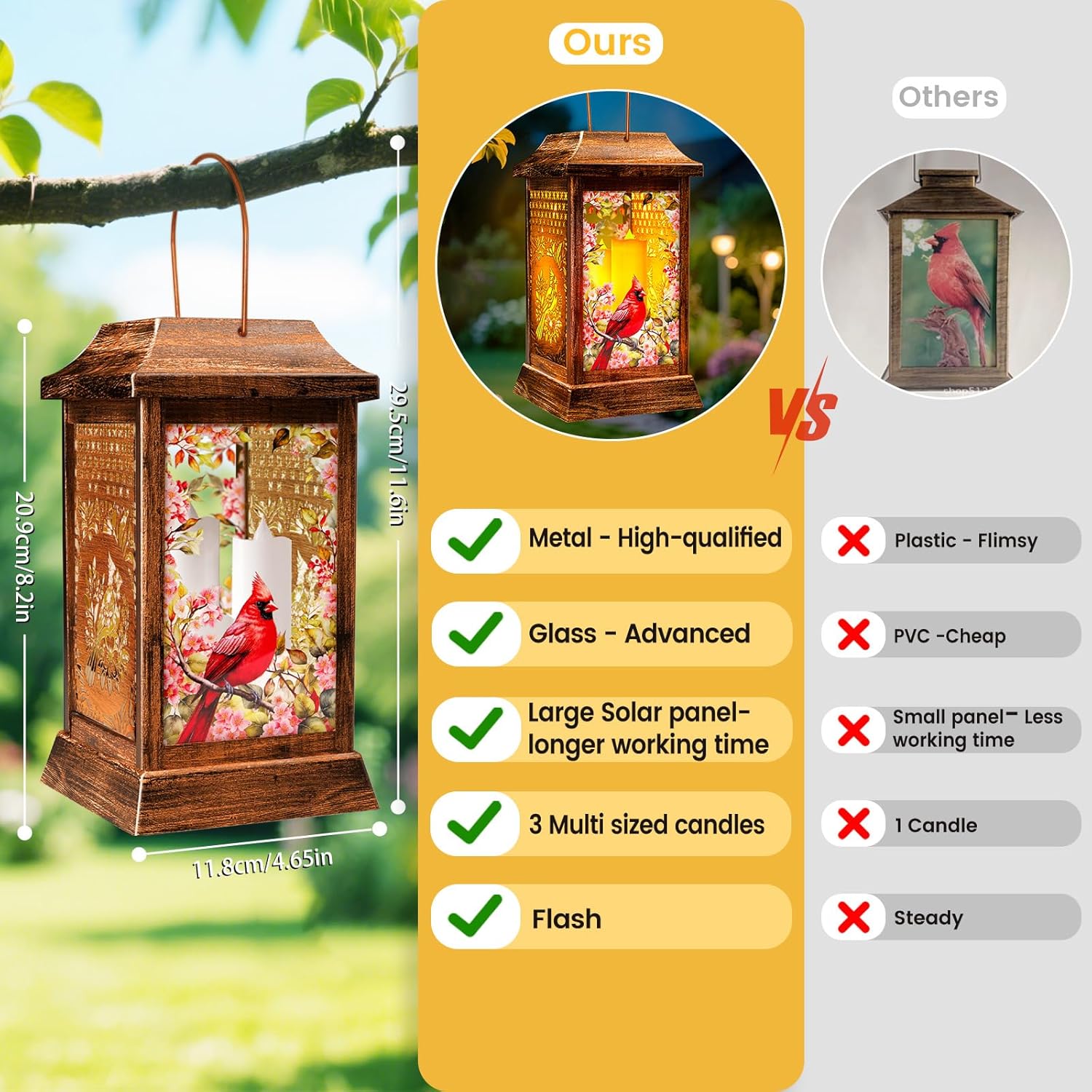 Cardinal Solar Lanterns Outdoor Waterproof, Metal & Glass Hanging Lights Garden Decor, Birthday Gifts for Women Mom Grandma Mothers Day, Decorative Lights for Outside Yard Patio Backyard Porch-VerdiqueGarden