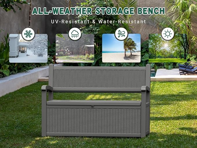 80 Gallon Outdoor Storage Box, Resin Patio Furniture with Armrest, Lockable Deck Box with Waterproof and UV Resistant for Patio Cushions, Garden Tools and Pool Supplies, Grey-VerdiqueGarden