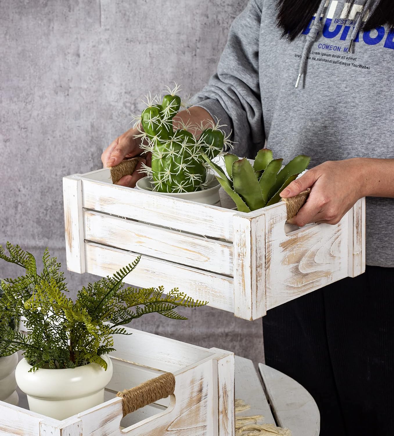 TIMRIS Set of 3 Rustic Wood Nesting Crates, Farmhouse Wooden Storage Container Boxes with Cutout Handles, Decorative Wooden Baskets for Display (Whitewash)-VerdiqueGarden