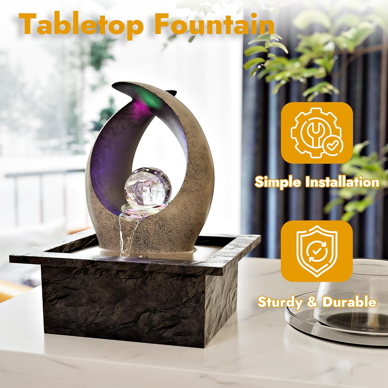 Tabletop Water Fountain, Indoor Desk Waterfall, Meditation Fountain with LED Lights Rolling Ball & Curved Form, Home Office Decor-VerdiqueGarden