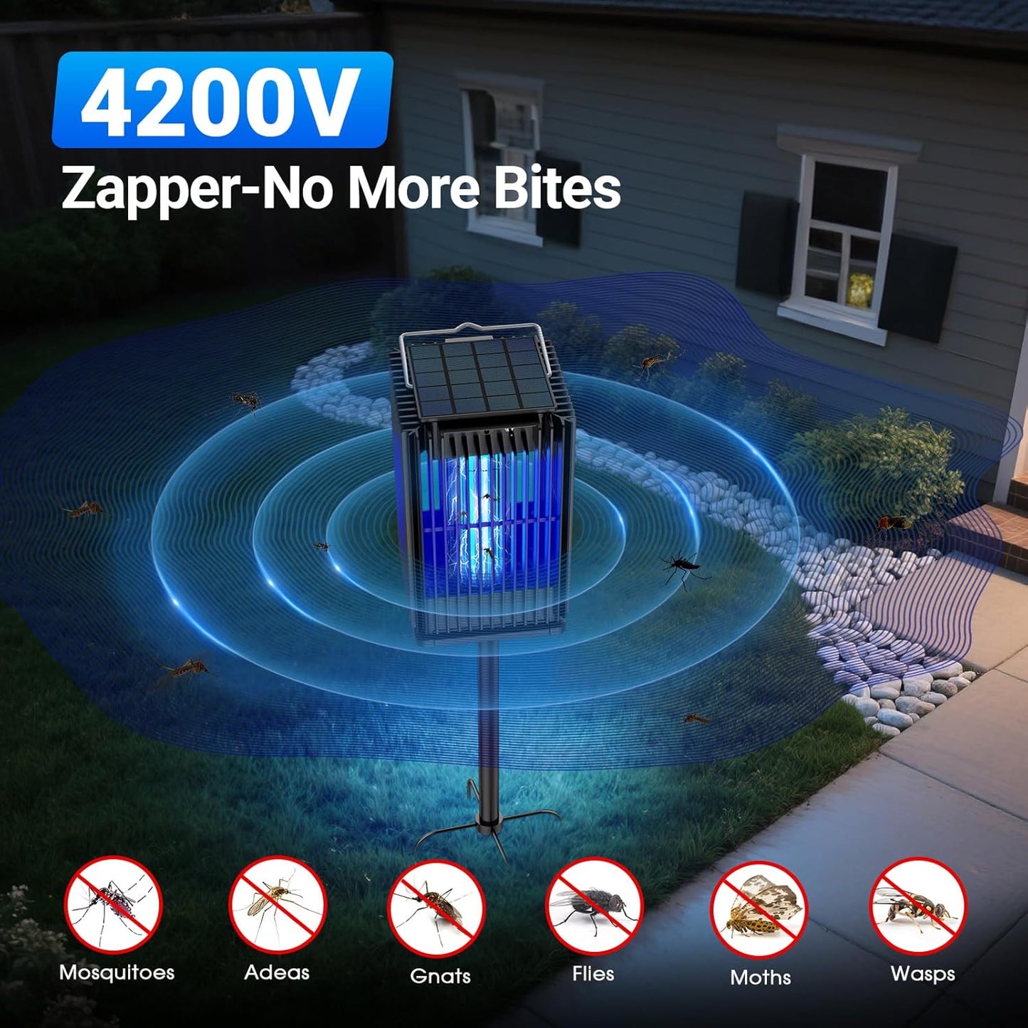 Solar Bug Zapper Outdoor Waterproof, Solar Mosquito Zapper Outdoor with Ground Bracket, Cordless Fly Zapper with Illuminated Light, 5000mAh Rechargeable Mosquito Killer-VerdiqueGarden