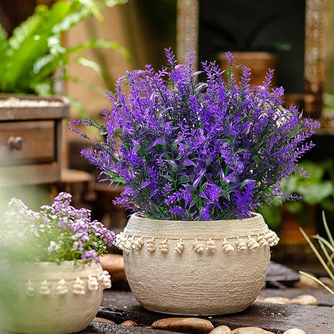 8 Pack Artificial Plants Flowers Grass Shrubs Lavender No Fade Faux Plastic Flowers Outdoor for Farmhouse Garden Porch Patio Indoor Wedding Decoration Greenery Fake Plants uv Resistant-VerdiqueGarden