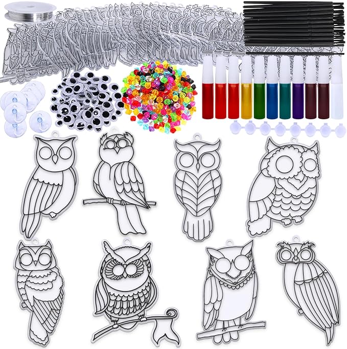 Winlyn 24 Sets Owl Suncatchers Ornaments Decorations DIY Window Paint Art Suncatchers Owl Craft Kits Sun Catchers for Kids Home Classroom Winter Holiday Season Fall Christmas Activities Party Favors-VerdiqueGarden