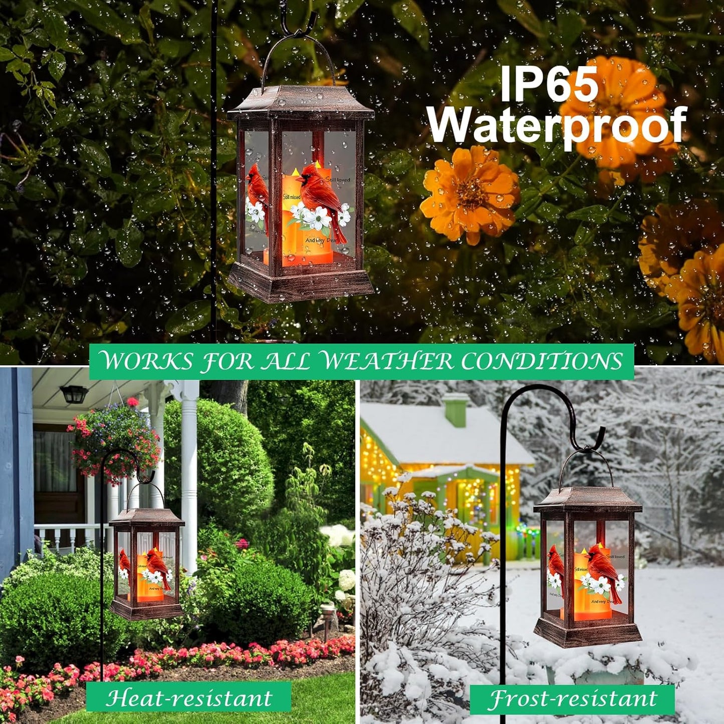 Solar Lanterns Outdoor Hanging Lanterns, Metal with Glass Cardinal Solar Lights, Waterproof Decorative Lantern Garden Decor for Outside Table Patio Yard, Memorial Gifts Grave Decorations for Cemetery-VerdiqueGarden