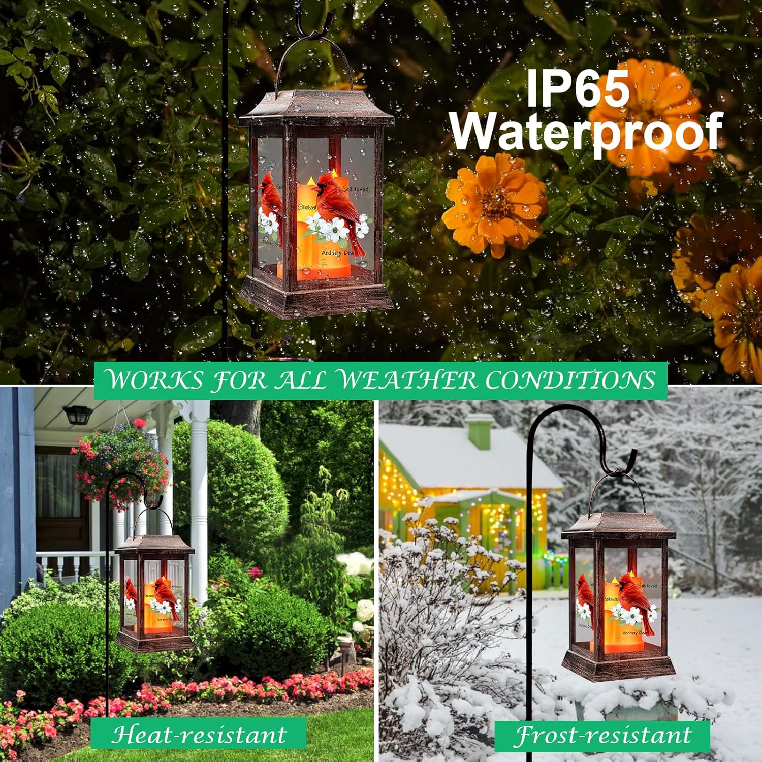 Solar Lanterns Outdoor Hanging Lanterns, Metal with Glass Cardinal Solar Lights, Waterproof Decorative Lantern Garden Decor for Outside Table Patio Yard, Memorial Gifts Grave Decorations for Cemetery-VerdiqueGarden
