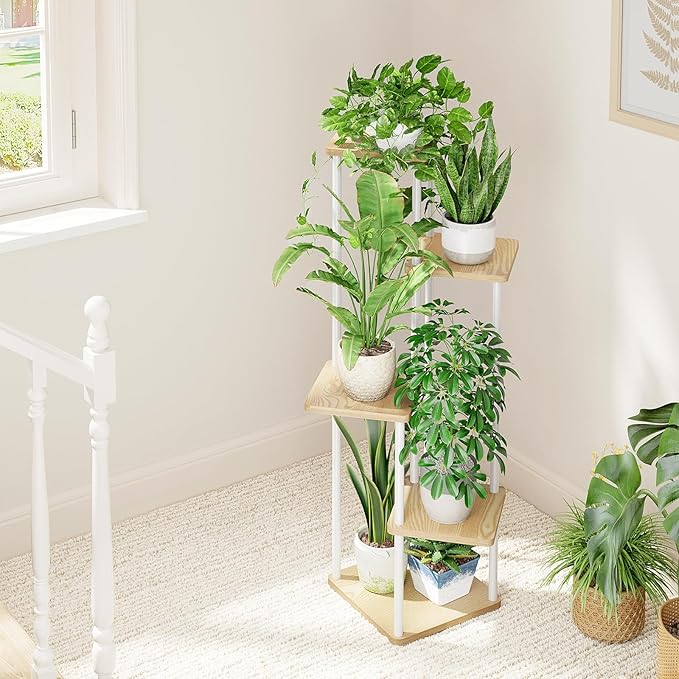 Bamworld Corner Plant Stand Indoor, Tall Metal Plant Shelf for Multiple Plants, 5 Tier Flower Stand for Patio Garden Balcony Living Room Bedroom(White)-VerdiqueGarden
