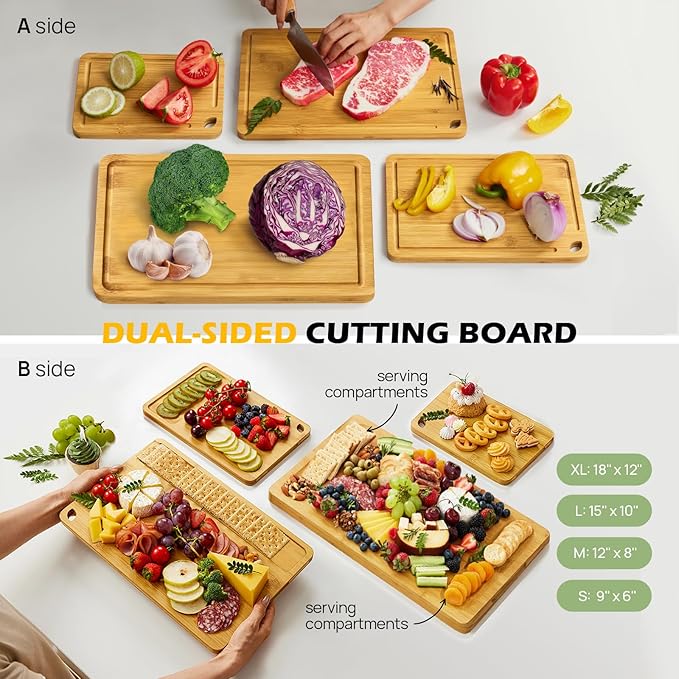 4-Pcs Natural Wood Cutting Board Set Kitchen Tools with Juice Groove, Wooden Chopping Board for Meat, Fruit, Vegetables & Cheese (Pre Oiled, Natural)-VerdiqueGarden