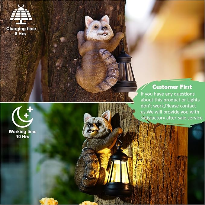 Raccoon Tree Hungger with Solar Lantern - 7.4 Inch Raccoon Outdoor Statue for Garden Yard Decor Outside,Best Garden Gifts for Mom,Women-VerdiqueGarden
