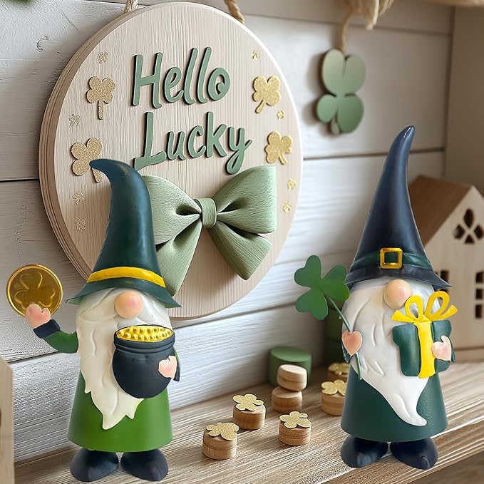 HONGLAND St. Patricks Day Decorations Outdoor Green Gnomes, Metal Gnomes Figurine Irish Leprechaun St Patricks Day Decor, Luck Shamrock Gnome for Home Outside Garden Lawn Party Yard Patio (14 INCH)-VerdiqueGarden