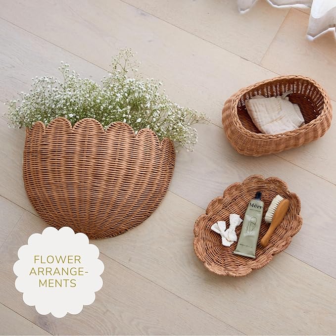 BEBE BASK Scalloped Wicker Hanging Basket - The Original Wicker Wall Decor - Hand Woven Wall Basket - Home Décor Wall Hanging Basket - Wall Storage Basket for Nursery, Living Room and Bathroom (Mocca)-VerdiqueGarden