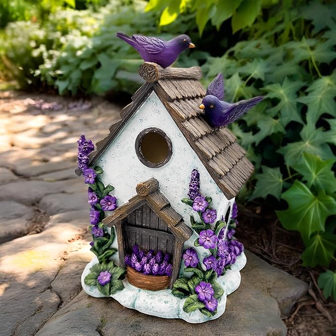 Spring & Summer-Themed Garden Statues – Adorable Outdoor Decor for Lawn, Patio & Porch (Lovely Floral Lavender Bird House Figurine, 7" Novelty Cottage Garden Decor)-VerdiqueGarden