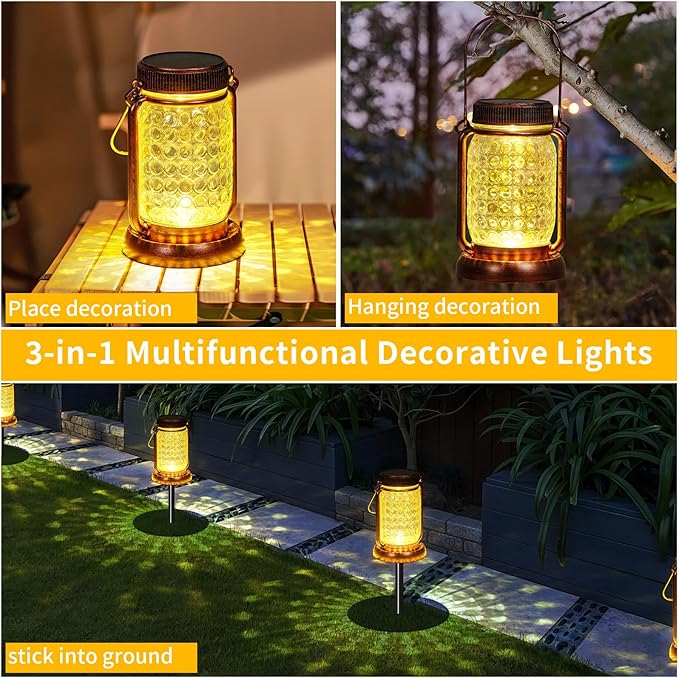 Outdoor Garden Decor, 4 Pack Solar Lantern Waterproof Warmwhite Mason Jar Hanging Lights, Porch Decorative for Garden Yard Patio Backyard Deck Courtyard Lawn-VerdiqueGarden