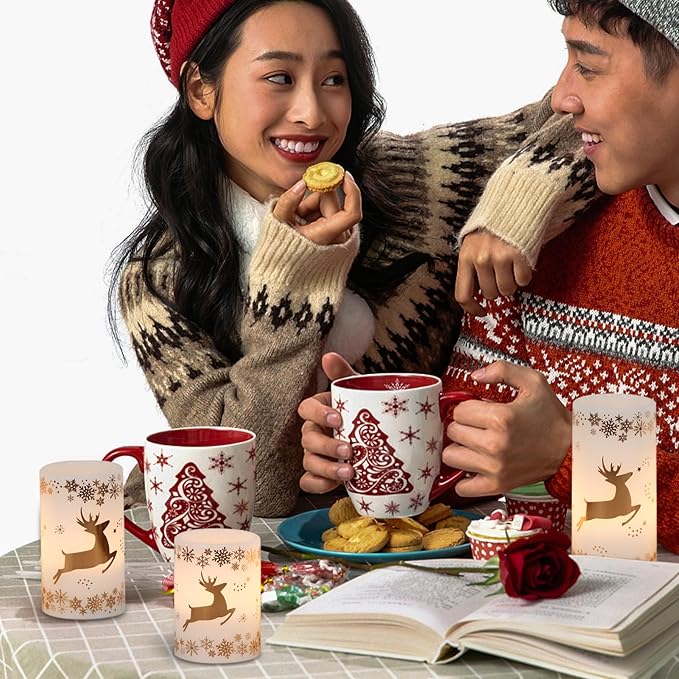 KunSween Christmas Flameless Candles with 6H Timer, 3 Pack LED Flickering Candles with Gold Deer Decals and Real Wax, Christmas Winter Decorations for Home Indoor Table Centerpieces-VerdiqueGarden