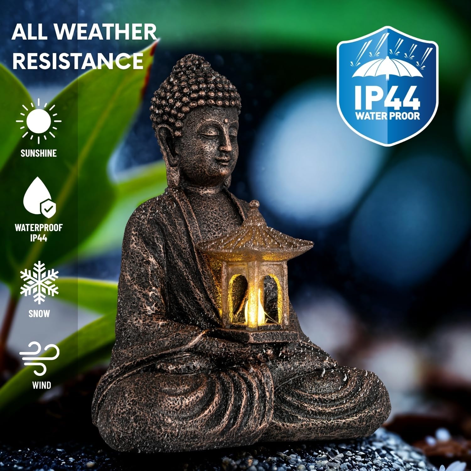 Buddha Garden Statue with Solar Light, Resin Zen Decor for Outdoor Patio or Indoor Meditation, Spiritual Gift for Women and Friends (Copper Pavilion)-VerdiqueGarden