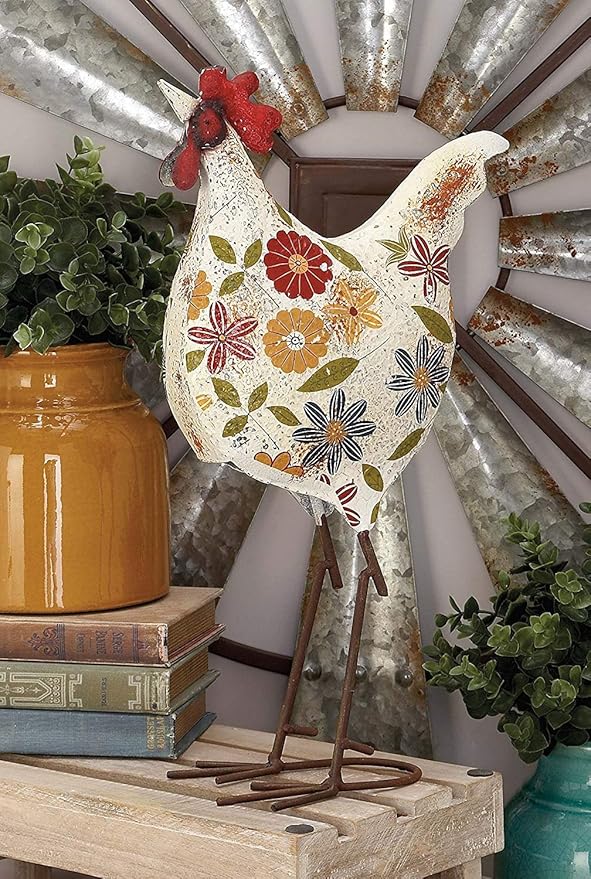 Deco 79 Metal Rooster Decorative Garden Sculpture Indoor Outdoor Distressed Standing Garden Statue with U Shaped Feet, Outdoor Sculpture 10" x 5" x 17", Cream-VerdiqueGarden