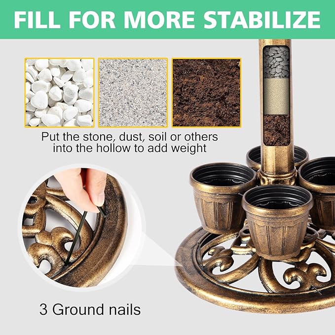 Bird Bath for Outside with 4 Removable Flower Planters 28in Polyresin Lightweight Vintage Birdbath for Outdoors Stake Standing Bowl and Water Feeder Yard Garden Decor Bronze-VerdiqueGarden