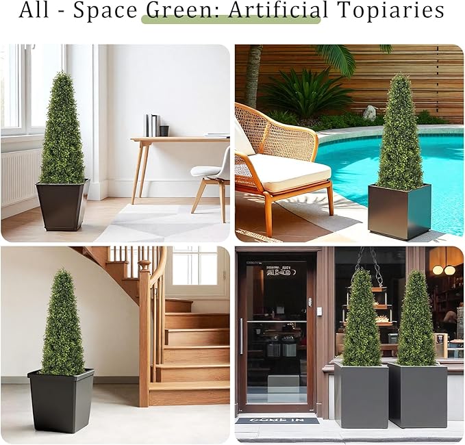 4ft Artificial Boxwood Topiary Trees (Set of 2) - UV Resistant Faux Plants Outdoor, Realistic 48in Fake Potted Bushes and Shrubs for Front Porch, Planter, Patio - Low Maintenance & Evergreen-VerdiqueGarden