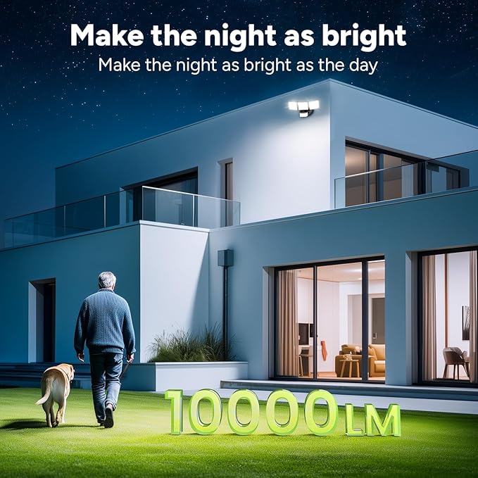 OREiN 10000LM Flood Lights Outdoor, 180°/75FT Motion Sensor Outdoor Lights 4 Modes Dimmable Dusk to Dawn Floodlights IP65 Waterproof for 8000SQ.FT Area for Big Patio, Driveway, Black (Hardwired)-VerdiqueGarden