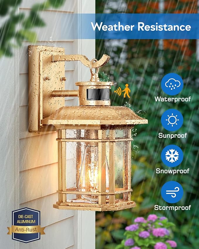 VIANIS Motion Sensor Porch Light, Gold Outdoor Light Fixture Dusk to Dawn, Outdoor Motion Sensor Light Wall Mount, Waterproof, Weather Resistant Carriage Lantern for House, Garage, Front Door-VerdiqueGarden