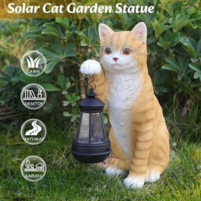 Cat Statues for Garden - Solar Powered Outdoor Cat Garden Statue, Crafted Garden Sculptures & Statues for Patio, Yard, Lawn, Gardening Gifts for Women and Mom(11" Cat)-VerdiqueGarden