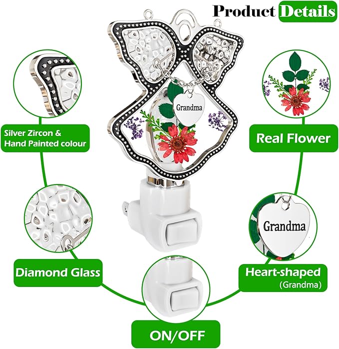 KY&BOSAM Night Light Grandma Stained Glass Angel Night Lights Plug Into Wall with Real Flower in Glass and Metal Charm Night Light for Nursery Bedroom Bathroom Accent Lite Elegant Home Decoration-VerdiqueGarden