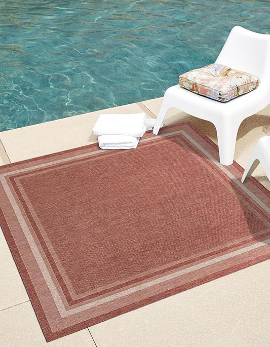 Unique Loom Outdoor Border Collection Area Rug - Soft Border (7' 10" Square Rust Red/Ivory)-VerdiqueGarden