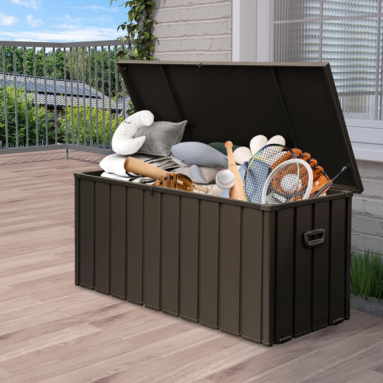 Metal Outdoor Storage Box,160 Gallon Waterproof Large Deck Box, Lockable Heavy Duty Home and Outside Storage Cabinet/Bin Container for Patio/Poolside/Backyard Cushions, Pillow -Brown-VerdiqueGarden