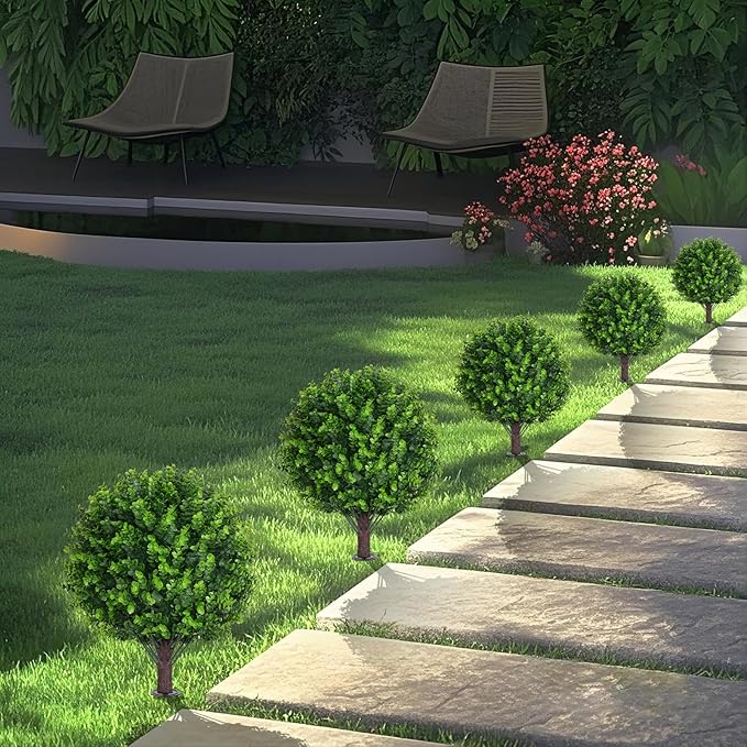 Artificial Topiary Tree with Eucalyptus, Set of 2 Artificial Shrub Bushes with Ground Spike, Fake Evergreen Tree for Porch, Artificial Plants for Outdoor Planters Indoor UV Resistant-VerdiqueGarden